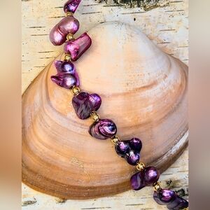 Purple Pink Orchid Genuine Freshwater Keishi Pearls Gold Plated Bracelet
